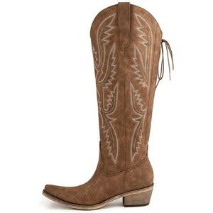 ⚡Women's Brown Knee High Wide Calf Lace Up Embroidered Cowgirl Boots Pull On